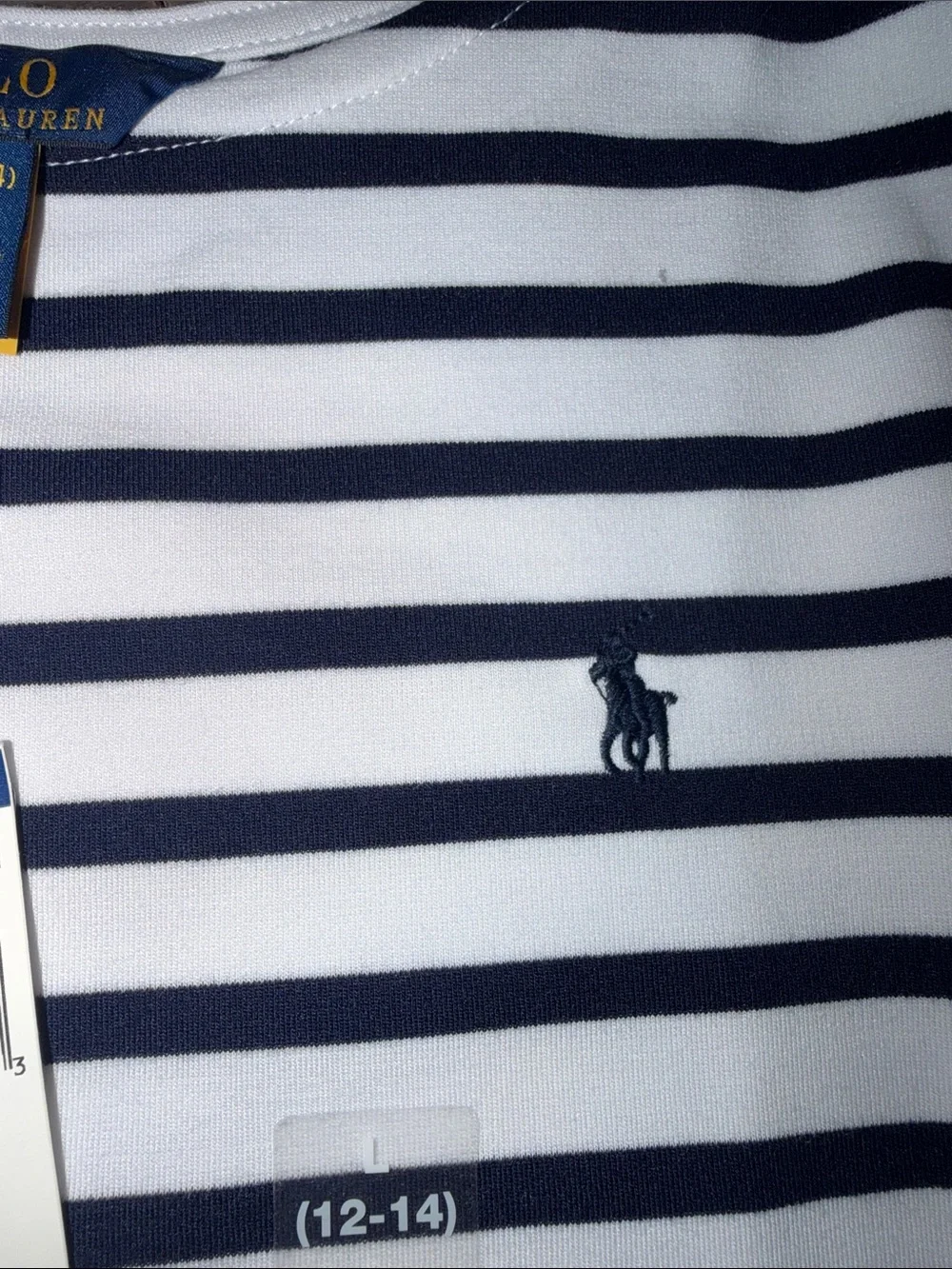 Girls Ralph Lauren Navy and White Striped Dress with Waist Bow
